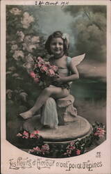 Cherubic Child with Roses, Wings, Sheer Drape Postcard