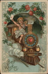 Cupid on Train with Valentine Letter, Best Wishes Postcard