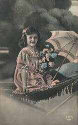 Girl with Flowers and Parasol in Hammock Girls Postcard Postcard Postcard