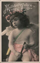 1905 French Postcard, Cherubic Angel Child with Bow and Arrow, Meilleurs Voeux Postcard