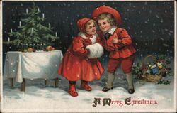 Boy and Girl in Red with Christmas Tree Children Postcard Postcard Postcard