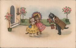 Two Kittens with Parasol Greeted by Cat with Bouquet Postcard