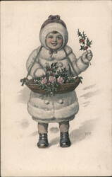 Child with Holly Sprig and Basket of Flowers Children RR Postcard Postcard Postcard