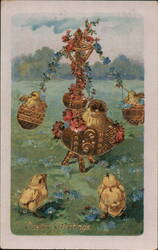 Easter Chicks with Gilded Eggs and Flowers With Chicks Postcard Postcard Postcard