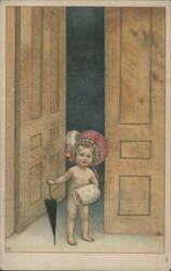 Baby Girl with Umbrella and Muff, Vintage Postcard Postcard