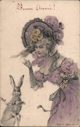 Bonne Année!  New Year Postcard, Girl with Roses, Rabbit with Eggs Postcard