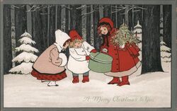 Three Children with Christmas Tree and Gift, Vintage Postcard Postcard