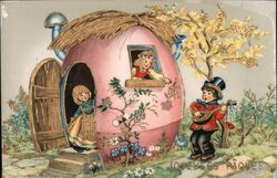 Children in Easter Egg House, Boy with Mandolin, Girl at Door, Girl in Window Postcard