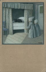 Two Children Looking at Black Cat on Bed, Vintage Postcard Postcard