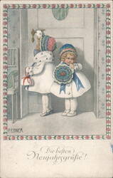 Two Girls with New Year's Gifts, P. Ebner Postcard