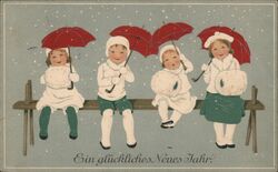 Four Children with Umbrellas and Muffs, Happy New Year Postcard