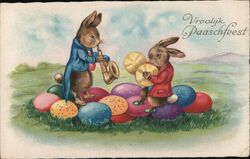 Two Bunnies Playing Musical Instruments on Easter Eggs Postcard