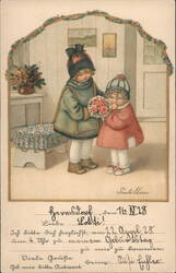 Two Girls, One Holding Flowers, 1928 Postcard