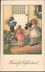 Three Dutch Children with Flowers, Hartelijk Gefeliciteerd Birthday Pauli Ebner Postcard Postcard Postcard