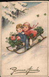 Bonne Année, Children Sledding, Vintage Postcard Hannes Petersen Postcard Postcard