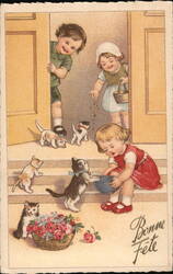 Children Feeding Kittens, Bonne Fête Postcard Postcard