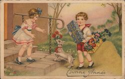 Bonne Année, Happy New Year, Children with Gifts, Flowers, Dog Postcard