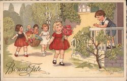 Children Delivering Flowers, Bonne Fête Postcard