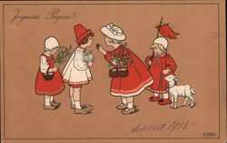 Joyeuses Pâques! Four Children with Easter Baskets, Lamb, Rabbit Postcard