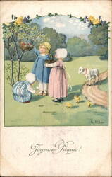 Joyeuses Pâques! Children, Lamb, Chicks, Easter Eggs With Children Pauli Ebner Postcard Postcard Postcard