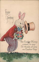 Easter Bunny in Red Jacket with Flowers and Top Hat Postcard