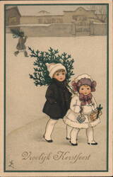 Two Children Carrying Christmas Tree, Vroolyk Kerstfeest Postcard Postcard Postcard