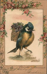 Bird Carrying Basket of Violets, Bonne Annee Postcard