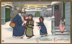 Blue Santa Claus with Children, Christmas Greetings Postcard