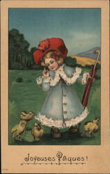 Joyeuses Pâques! Little Girl with Chicks and Umbrella Postcard Postcard Postcard