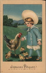 Boy Feeding Chicken & Chicks, Joyeuses Pâques, Easter Postcard With Chicks Postcard Postcard