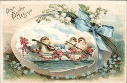 Two Chicks in a Boat, Easter Lilies, Best Easter Wishes With Chicks Postcard Postcard Postcard