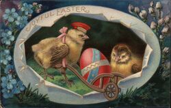 Joyful Easter Chicks with Wheelbarrow and Egg With Chicks Postcard Postcard Postcard