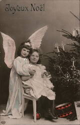 Two Children Dressed as Angels at Christmas Postcard