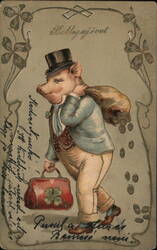 Anthropomorphic Pig in Top Hat, Suit, Carrying Bag of Money, New Year's Postcard Postcard