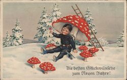 Chimney Sweep with Wine & Fly Agaric, Happy New Year Postcard