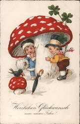 New Year's Postcard, Children Hiding Under Mushroom with Crow Postcard Postcard