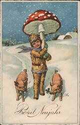 Prosit Neujahr - Child with Mushroom Umbrella and Pigs Postcard