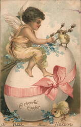 Cherub with Chicks on Easter Egg, Vintage Postcard With Angels Postcard Postcard