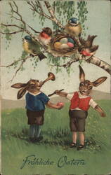 Two Easter Bunnies with Birds Nest and Eggs, Frohliche Ostern Postcard