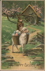 Happy Easter Lamb, Rabbit, and Eggs Postcard