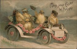 Happy Easter Chicks in Car with Roses With Chicks Postcard Postcard Postcard