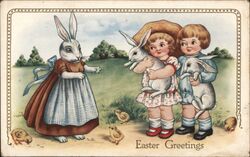 Easter Greetings - Children with Bunnies, Chicks, and Rabbit in Dress Postcard