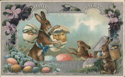 Easter Rabbits, Chicks Hatching from Eggs, Flowers Postcard