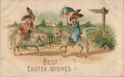 Anthropomorphic Rabbits Riding Donkeys, Easter Greetings Postcard