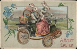 Two Bunnies in Antique Car, Happy Easter Postcard