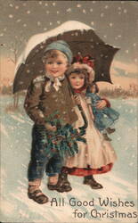 Boy & Girl with Holly, Umbrella, Snowy Christmas Children Postcard Postcard Postcard