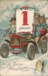 Happy New Year, Children in Antique Car with Angel Postcard Postcard Postcard