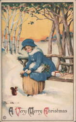 Little Girl Feeding Squirrel, Christmas Postcard Postcard