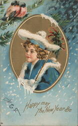 Happy New Year Girl with Muff & Holly Parasol, Birds Postcard