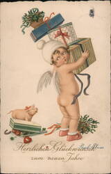 Cherubic Angel Carrying Christmas Gifts, New Year Postcard Angels & Cherubs Pauli Ebner Postcard Postcard